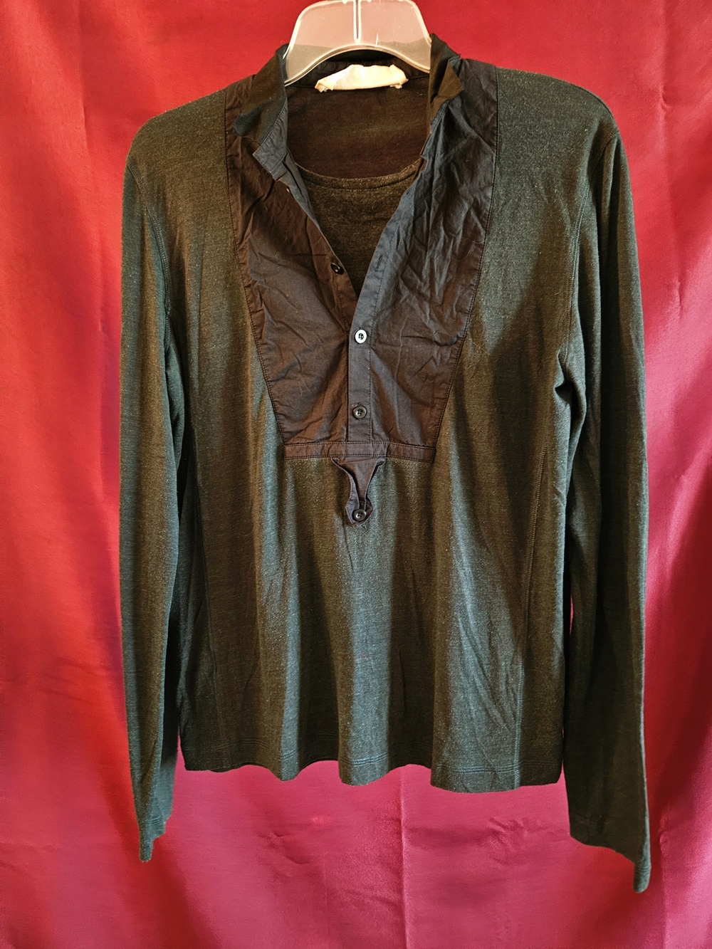Yigal Azrouel Long-Sleeve Henley with Black Contrast Placket - Dark Green